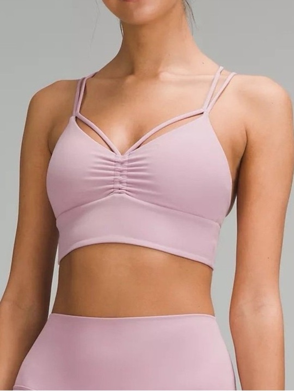 Lululemon Nulu Light Pink Strappy V-Neck Ruched Sports Bra